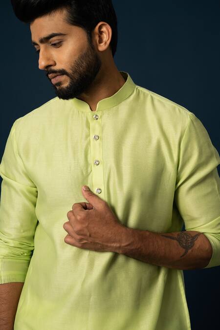 Shop_Yoseba_Green Chanderi Silk, Cotton Lawn Kurta With Pyjama _Online_at_Aza_Fashions