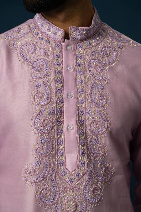 Shop Yoseba Purple Chanderi Silk, Cotton Embroidery Amethyst Straight Kurta With Pyjama Online at Aza Fashions Shop_Yoseba_Purple Chanderi Silk, Cotton Embroidery Amethyst Straight Kurta With Pyjama _Online_at_Aza_Fashions