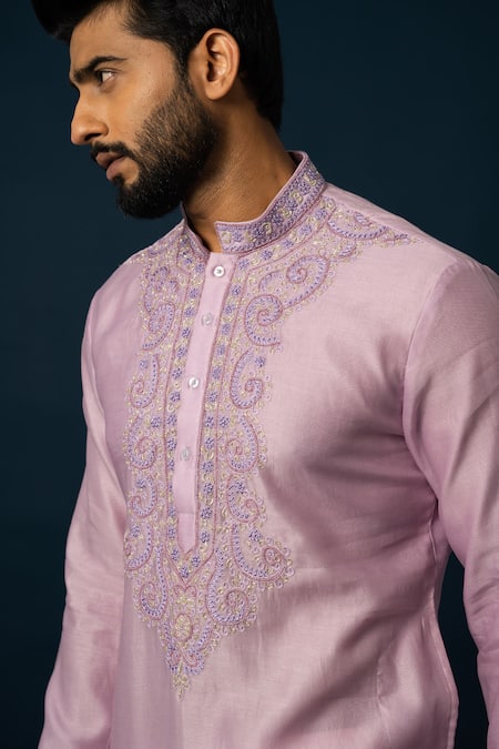 Yoseba Purple Chanderi Silk, Cotton Embroidery Amethyst Straight Kurta With Pyjama at Aza Fashions Yoseba_Purple Chanderi Silk, Cotton Embroidery Amethyst Straight Kurta With Pyjama _at_Aza_Fashions