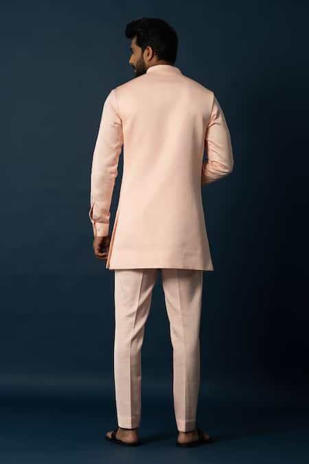 Shop Yoseba Peach Linen, Satin Embroidery Floral Nehru Jacket And Pyjama Set at Aza Fashions Shop_Yoseba_Peach Linen, Satin Embroidery Floral Nehru Jacket And Pyjama Set _at_Aza_Fashions