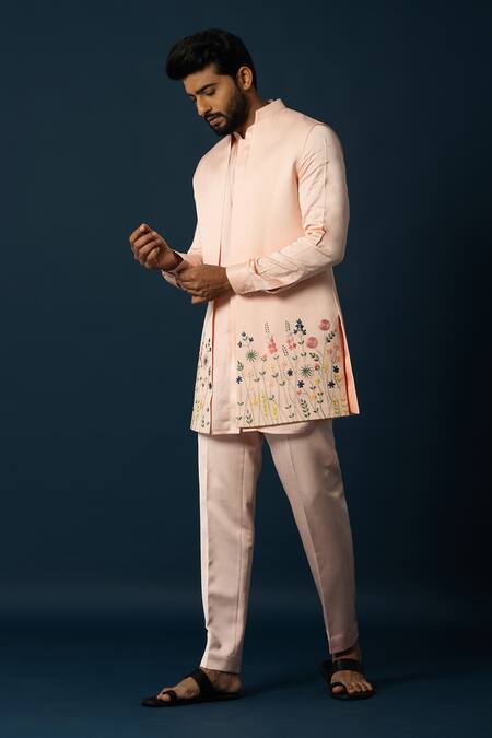 Yoseba Peach Linen, Satin Embroidery Floral Nehru Jacket And Pyjama Set Online at Aza Fashions Yoseba_Peach Linen, Satin Embroidery Floral Nehru Jacket And Pyjama Set _Online_at_Aza_Fashions