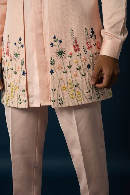 Buy Yoseba Peach Linen, Satin Embroidery Floral Nehru Jacket And Pyjama Set Online at Aza Fashions Buy_Yoseba_Peach Linen, Satin Embroidery Floral Nehru Jacket And Pyjama Set _Online_at_Aza_Fashions