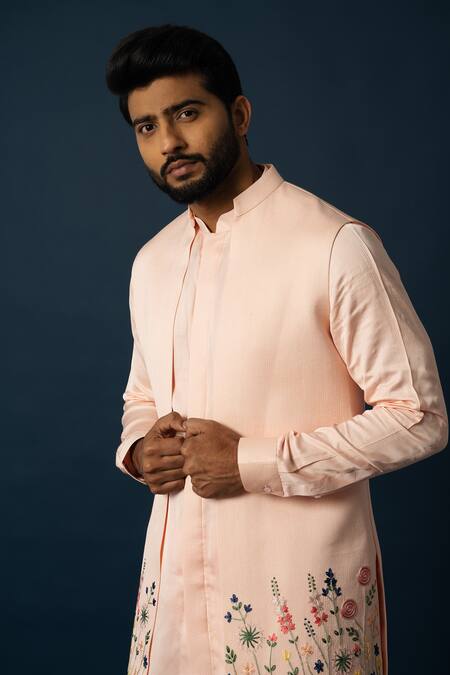 Shop Yoseba Peach Linen, Satin Embroidery Floral Nehru Jacket And Pyjama Set Online at Aza Fashions Shop_Yoseba_Peach Linen, Satin Embroidery Floral Nehru Jacket And Pyjama Set _Online_at_Aza_Fashions