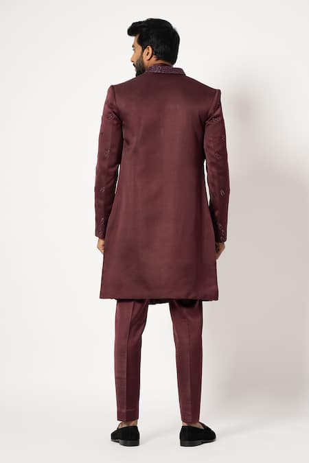 Shop_Yoseba_Wine Linen, Satin Sequins, Embroidery Ditsy Jacket And Pyjama Set _at_Aza_Fashions