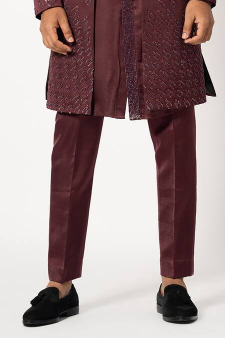 Yoseba_Wine Linen, Satin Sequins, Embroidery Ditsy Jacket And Pyjama Set _Online_at_Aza_Fashions