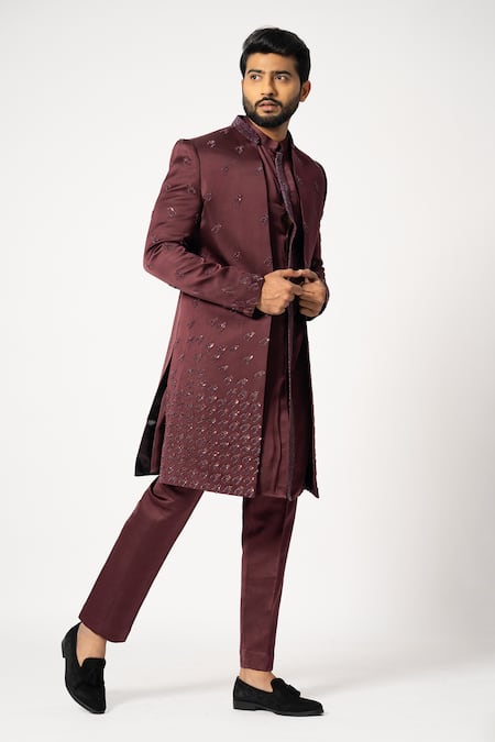 Buy_Yoseba_Wine Linen, Satin Sequins, Embroidery Ditsy Jacket And Pyjama Set _Online_at_Aza_Fashions