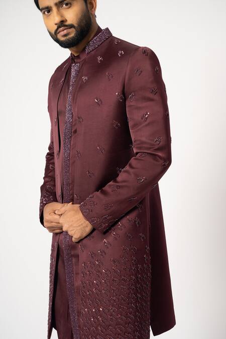 Shop_Yoseba_Wine Linen, Satin Sequins, Embroidery Ditsy Jacket And Pyjama Set _Online_at_Aza_Fashions