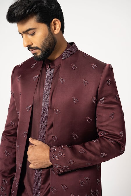 Yoseba_Wine Linen, Satin Sequins, Embroidery Ditsy Jacket And Pyjama Set _at_Aza_Fashions