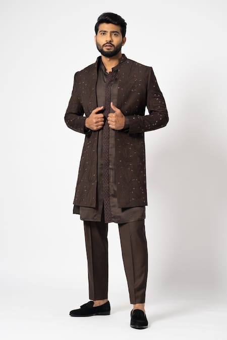 YOSEBA Burnt Sienna Embroidered Long Jacket & Pyjama Set 