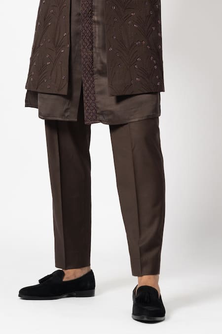 Yoseba Brown Linen, Satin Sequins, Embroidery Burnt Sienna Long Jacket And Pyjama Set Online at Aza Fashions Yoseba_Brown Linen, Satin Sequins, Embroidery Burnt Sienna Long Jacket And Pyjama Set _Online_at_Aza_Fashions