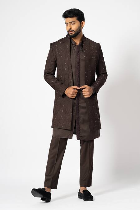 Buy Yoseba Brown Linen, Satin Sequins, Embroidery Burnt Sienna Long Jacket And Pyjama Set Buy_Yoseba_Brown Linen, Satin Sequins, Embroidery Burnt Sienna Long Jacket And Pyjama Set