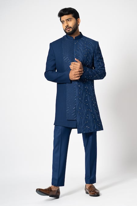 YOSEBA Ultramarine Cutdana Embroidered Asymmetric Achkan With Pant 