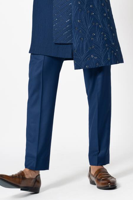 Yoseba Blue Suede, Cotton, Polyester Ultramarine Cutdana Asymmetric Achkan With Pant Online at Aza Fashions Yoseba_Blue Suede, Cotton, Polyester Ultramarine Cutdana Asymmetric Achkan With Pant _Online_at_Aza_Fashions