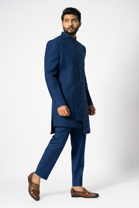 Buy Yoseba Blue Suede, Cotton, Polyester Ultramarine Cutdana Asymmetric Achkan With Pant Online at Aza Fashions Buy_Yoseba_Blue Suede, Cotton, Polyester Ultramarine Cutdana Asymmetric Achkan With Pant _Online_at_Aza_Fashions