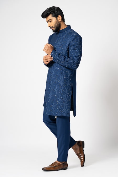 Shop Yoseba Blue Suede, Cotton, Polyester Ultramarine Cutdana Asymmetric Achkan With Pant Online at Aza Fashions Shop_Yoseba_Blue Suede, Cotton, Polyester Ultramarine Cutdana Asymmetric Achkan With Pant _Online_at_Aza_Fashions