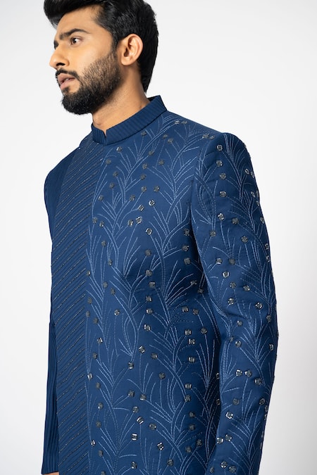 Buy Yoseba Blue Suede, Cotton, Polyester Ultramarine Cutdana Asymmetric Achkan With Pant Buy_Yoseba_Blue Suede, Cotton, Polyester Ultramarine Cutdana Asymmetric Achkan With Pant