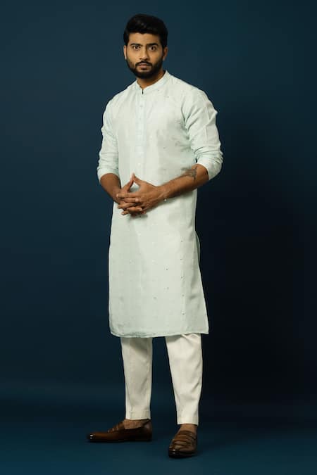 Shop_Yoseba_Blue Bamboo, Cotton Mirrors, Embroidery Kurta With Pyjama _at_Aza_Fashions