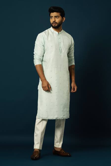 Buy_Yoseba_Blue Bamboo, Cotton Mirrors, Embroidery Kurta With Pyjama _Online_at_Aza_Fashions