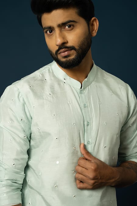 Yoseba_Blue Bamboo, Cotton Mirrors, Embroidery Kurta With Pyjama _at_Aza_Fashions