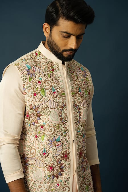 Buy Yoseba Beige Linen, Satin Cut Work, Embroidery Cutdana Nehru Jacket Set Online at Aza Fashions Buy_Yoseba_Beige Linen, Satin Cut Work, Embroidery Cutdana Nehru Jacket Set _Online_at_Aza_Fashions