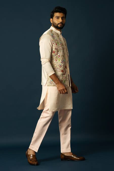 Yoseba Beige Linen, Satin Cut Work, Embroidery Cutdana Nehru Jacket Set at Aza Fashions Yoseba_Beige Linen, Satin Cut Work, Embroidery Cutdana Nehru Jacket Set _at_Aza_Fashions