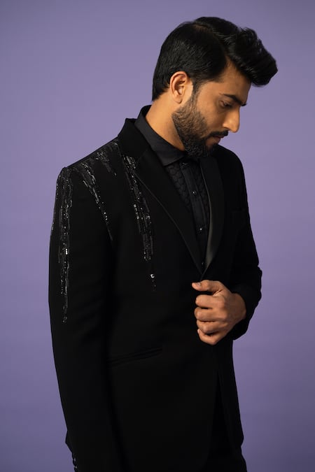 Buy Yoseba Black Polyester Sequins, Beads Cutdana Embroidered Blazer With Trouser Online at Aza Fashions Buy_Yoseba_Black Polyester Sequins, Beads Cutdana Embroidered Blazer With Trouser _Online_at_Aza_Fashions
