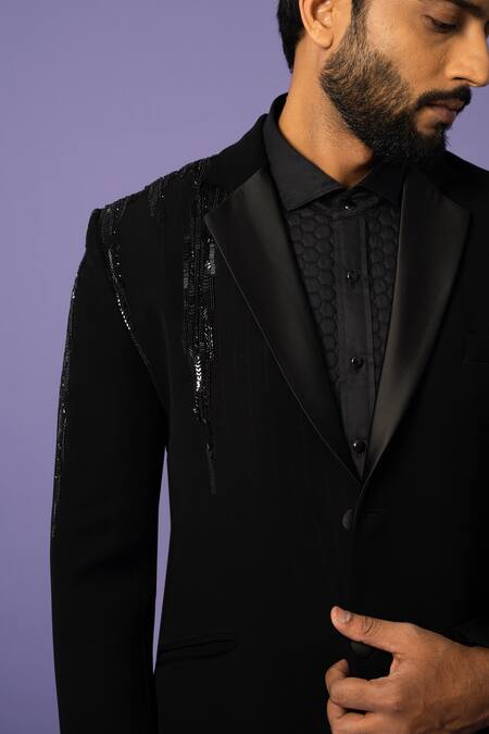 Shop Yoseba Black Polyester Sequins, Beads Cutdana Embroidered Blazer With Trouser Online at Aza Fashions Shop_Yoseba_Black Polyester Sequins, Beads Cutdana Embroidered Blazer With Trouser _Online_at_Aza_Fashions