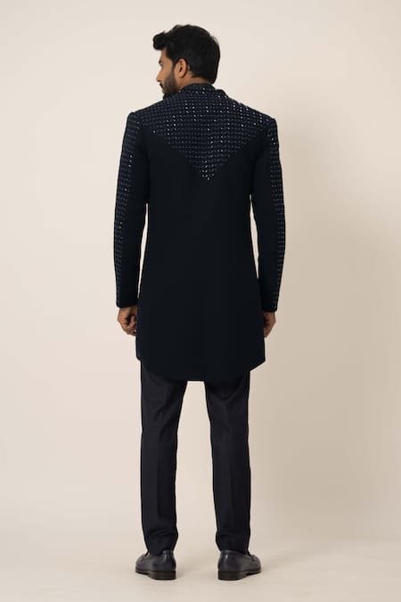 Shop Yoseba Blue Silk, Cotton Embroidery Cutdana Navy Achkan Set at Aza Fashions Shop_Yoseba_Blue Silk, Cotton Embroidery Cutdana Navy Achkan Set _at_Aza_Fashions