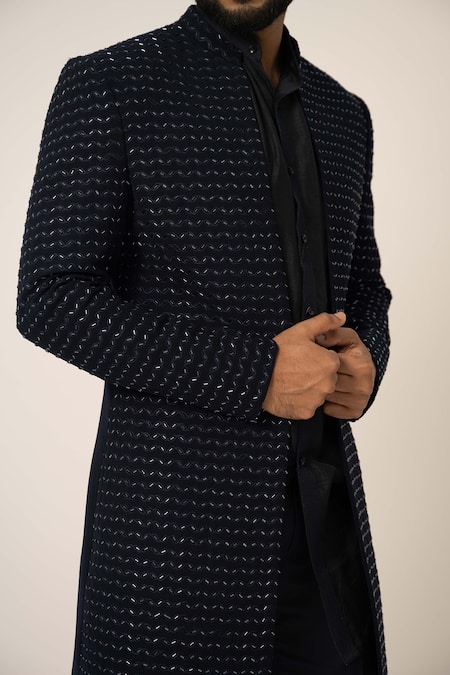 Yoseba Blue Silk, Cotton Embroidery Cutdana Navy Achkan Set Online at Aza Fashions Yoseba_Blue Silk, Cotton Embroidery Cutdana Navy Achkan Set _Online_at_Aza_Fashions