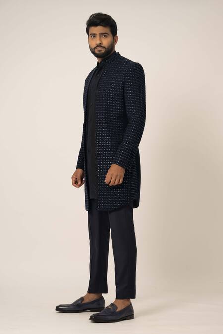 Shop Yoseba Blue Silk, Cotton Embroidery Cutdana Navy Achkan Set Online at Aza Fashions Shop_Yoseba_Blue Silk, Cotton Embroidery Cutdana Navy Achkan Set _Online_at_Aza_Fashions