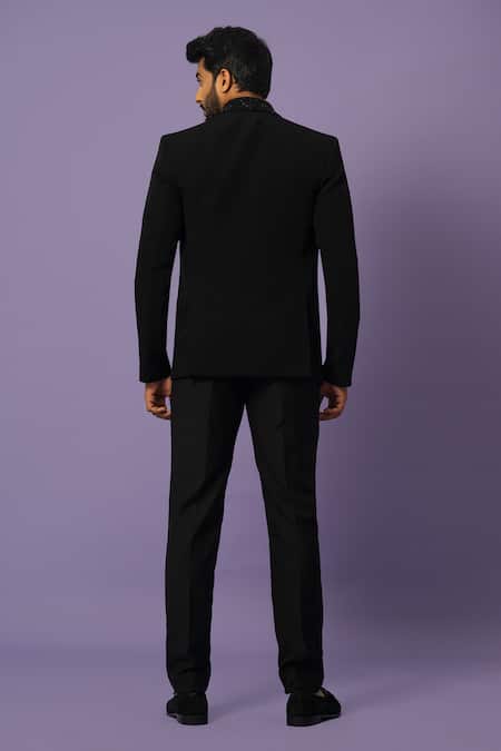 Shop Yoseba Black Polyester Cut Work Cutdana Embroidered Collar Blazer With Trouser at Aza Fashions Shop_Yoseba_Black Polyester Cut Work Cutdana Embroidered Collar Blazer With Trouser _at_Aza_Fashions