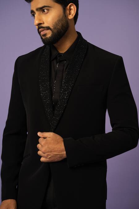 Buy Yoseba Black Polyester Cut Work Cutdana Embroidered Collar Blazer With Trouser Online at Aza Fashions Buy_Yoseba_Black Polyester Cut Work Cutdana Embroidered Collar Blazer With Trouser _Online_at_Aza_Fashions