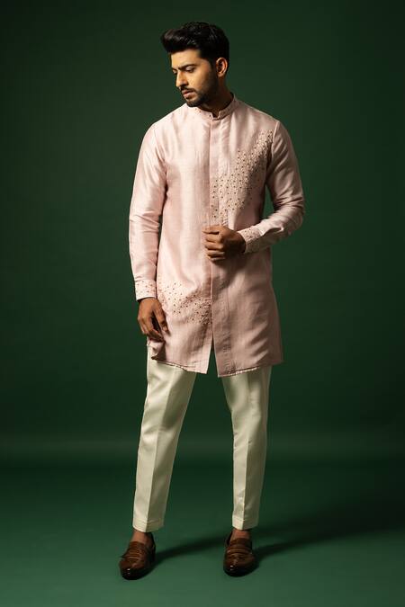 Shop Yoseba Pink Bamboo, Cotton Embroidery Floral Shirt Kurta With Pyjama Online at Aza Fashions Shop_Yoseba_Pink Bamboo, Cotton Embroidery Floral Shirt Kurta With Pyjama _Online_at_Aza_Fashions