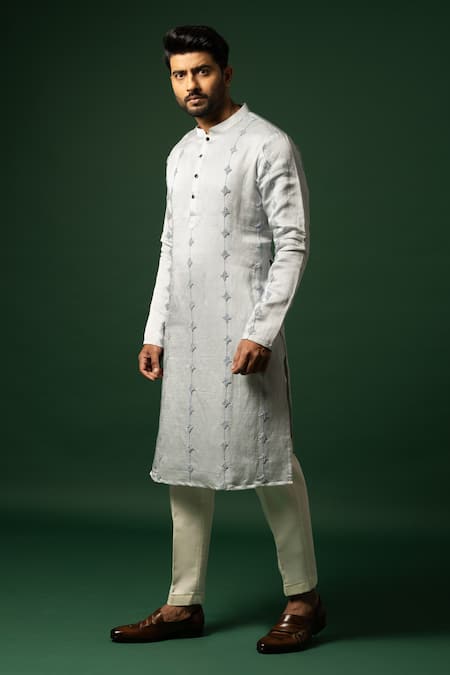 Yoseba_Grey Linen, Satin, Cotton Embroidery Geometric Pattern Kurta With Pyjama _Online_at_Aza_Fashions