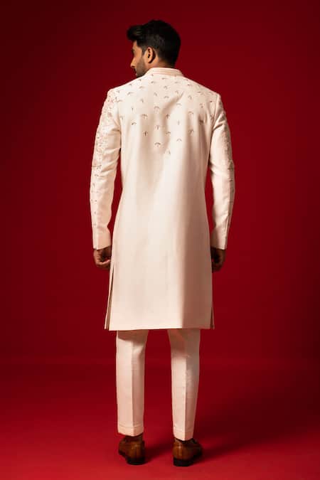 Shop Yoseba Pink Silk, Cotton Pearls, Zari Zardozi Embroidered Sherwani With Pyjama at Aza Fashions Shop_Yoseba_Pink Silk, Cotton Pearls, Zari Zardozi Embroidered Sherwani With Pyjama _at_Aza_Fashions