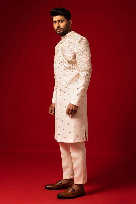 Yoseba Pink Silk, Cotton Pearls, Zari Zardozi Embroidered Sherwani With Pyjama Online at Aza Fashions Yoseba_Pink Silk, Cotton Pearls, Zari Zardozi Embroidered Sherwani With Pyjama _Online_at_Aza_Fashions