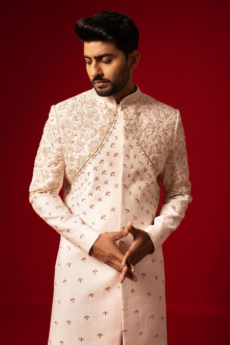 Buy Yoseba Pink Silk, Cotton Pearls, Zari Zardozi Embroidered Sherwani With Pyjama Online at Aza Fashions Buy_Yoseba_Pink Silk, Cotton Pearls, Zari Zardozi Embroidered Sherwani With Pyjama _Online_at_Aza_Fashions