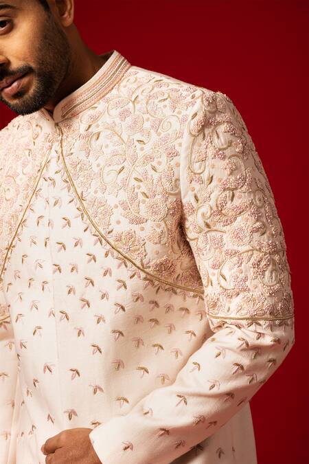 Shop Yoseba Pink Silk, Cotton Pearls, Zari Zardozi Embroidered Sherwani With Pyjama Online at Aza Fashions Shop_Yoseba_Pink Silk, Cotton Pearls, Zari Zardozi Embroidered Sherwani With Pyjama _Online_at_Aza_Fashions