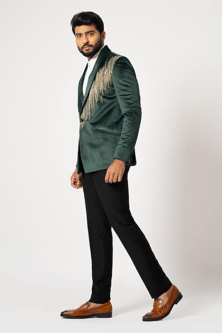 Yoseba_Green Velvet, Terrycloth Sequins, Cut Work Gotham Shimmering Blazer With Trouser _Online_at_Aza_Fashions