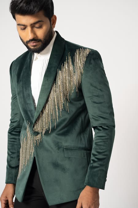 Buy_Yoseba_Green Velvet, Terrycloth Sequins, Cut Work Gotham Shimmering Blazer With Trouser _Online_at_Aza_Fashions