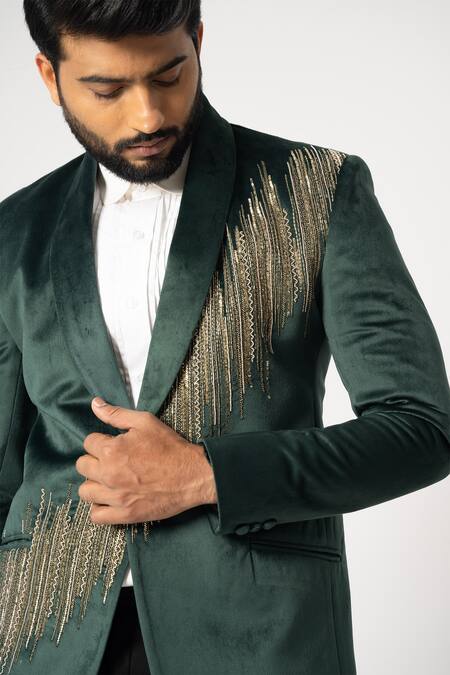 Shop_Yoseba_Green Velvet, Terrycloth Sequins, Cut Work Gotham Shimmering Blazer With Trouser _Online_at_Aza_Fashions
