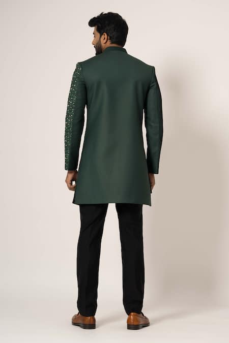 Shop Yoseba Green Cotton, Polyester Sequins, Cut Embroidered Overlapped Achkan With Trouser at Aza Fashions Shop_Yoseba_Green Cotton, Polyester Sequins, Cut Embroidered Overlapped Achkan With Trouser _at_Aza_Fashions