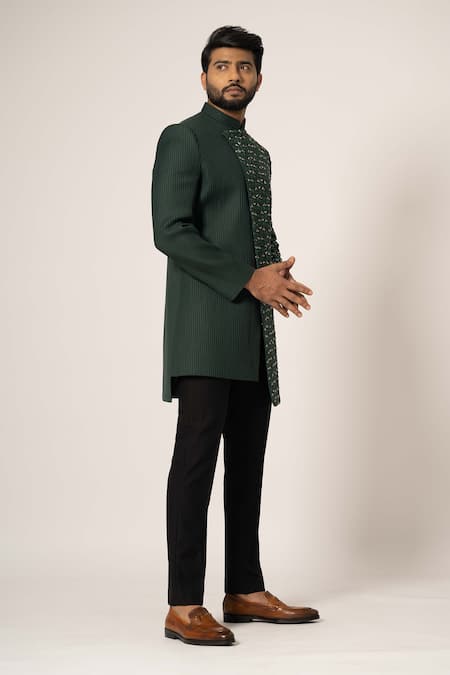 Yoseba Green Cotton, Polyester Sequins, Cut Embroidered Overlapped Achkan With Trouser Online at Aza Fashions Yoseba_Green Cotton, Polyester Sequins, Cut Embroidered Overlapped Achkan With Trouser _Online_at_Aza_Fashions