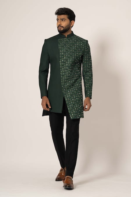 Buy Yoseba Green Cotton, Polyester Sequins, Cut Embroidered Overlapped Achkan With Trouser Online at Aza Fashions Buy_Yoseba_Green Cotton, Polyester Sequins, Cut Embroidered Overlapped Achkan With Trouser _Online_at_Aza_Fashions