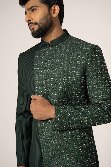 Shop Yoseba Green Cotton, Polyester Sequins, Cut Embroidered Overlapped Achkan With Trouser Online at Aza Fashions Shop_Yoseba_Green Cotton, Polyester Sequins, Cut Embroidered Overlapped Achkan With Trouser _Online_at_Aza_Fashions
