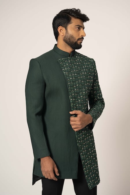 Yoseba Green Cotton, Polyester Sequins, Cut Embroidered Overlapped Achkan With Trouser at Aza Fashions Yoseba_Green Cotton, Polyester Sequins, Cut Embroidered Overlapped Achkan With Trouser _at_Aza_Fashions