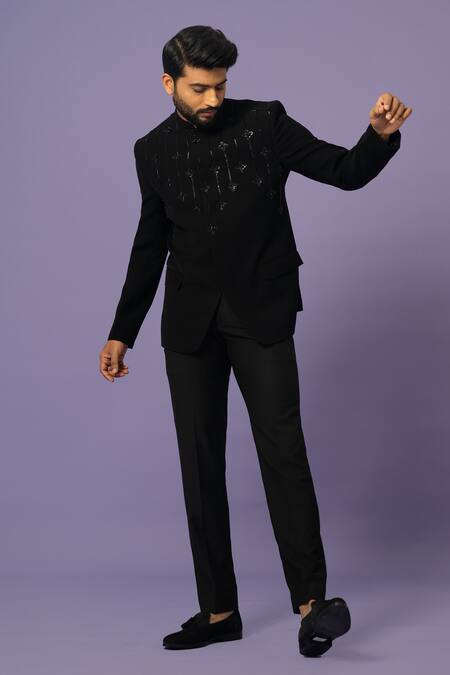 Yoseba_Black Sequins, Beads Embroidered Bandhgala With Trouser _Online_at_Aza_Fashions