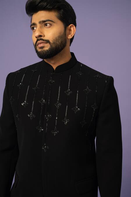 Buy_Yoseba_Black Sequins, Beads Embroidered Bandhgala With Trouser _Online_at_Aza_Fashions