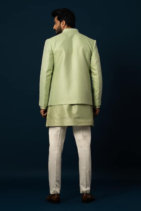 Shop Yoseba Green Bamboo, Cotton Embroidery, Beads Jacket With Kurta Set at Aza Fashions Shop_Yoseba_Green Bamboo, Cotton Embroidery, Beads Jacket With Kurta Set _at_Aza_Fashions