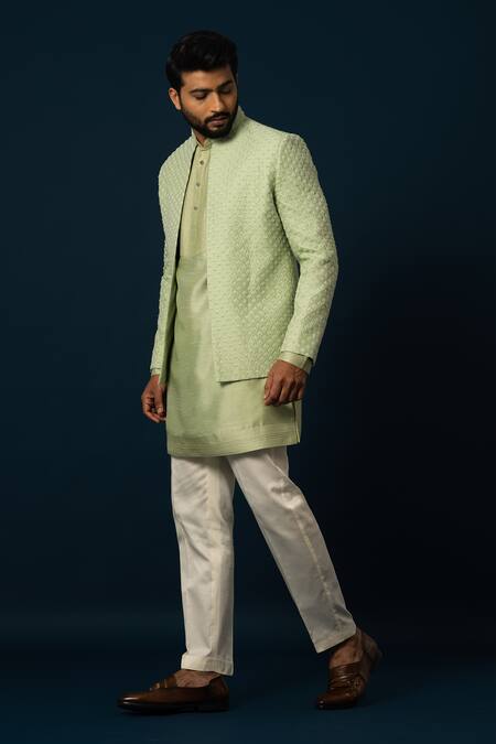 Yoseba Green Bamboo, Cotton Embroidery, Beads Jacket With Kurta Set Online at Aza Fashions Yoseba_Green Bamboo, Cotton Embroidery, Beads Jacket With Kurta Set _Online_at_Aza_Fashions